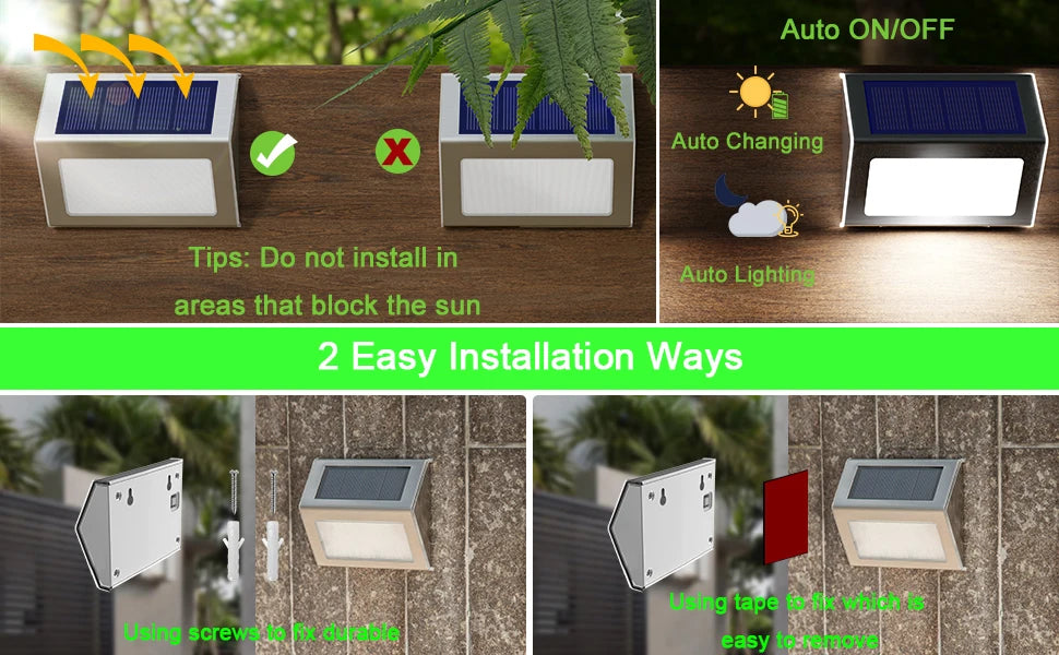 Solar Powered Deck Lights Waterproof Light Stainless Steel Security Wall Lamps for Step Walkway Patio Garden Pathway