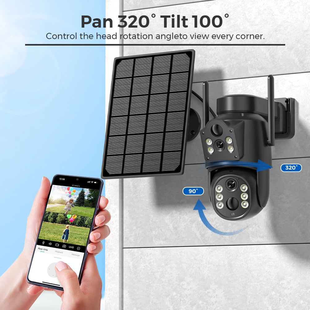 4K 8MP IP Solar Power WiFi Camera PTZ Outdoor IP66 Waterproof 7800mAh Built-in Battery Surveillance Camera PIR Human Detection