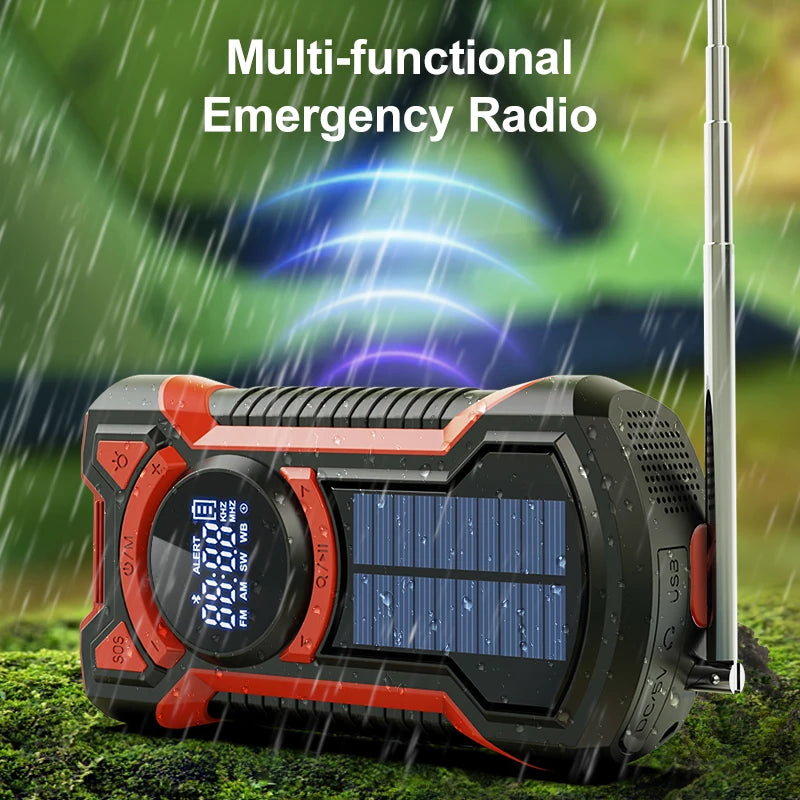 Solar Emergency Weather Radio Waterproof Hand Crank Weather Alert Radio 5000mAh Bluetooth-Compatible5.3 LED Flashlight SOS Alarm