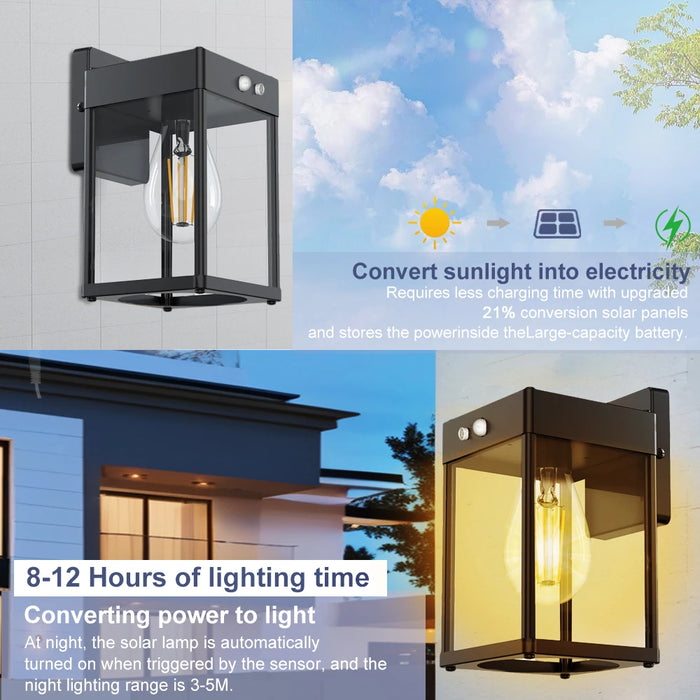 Solar Wall Lights Outdoor Waterproof 3 Modes Motion Sensor Porch Sconces Wall Mounted Light With Metal Frame Glass Shades Shed