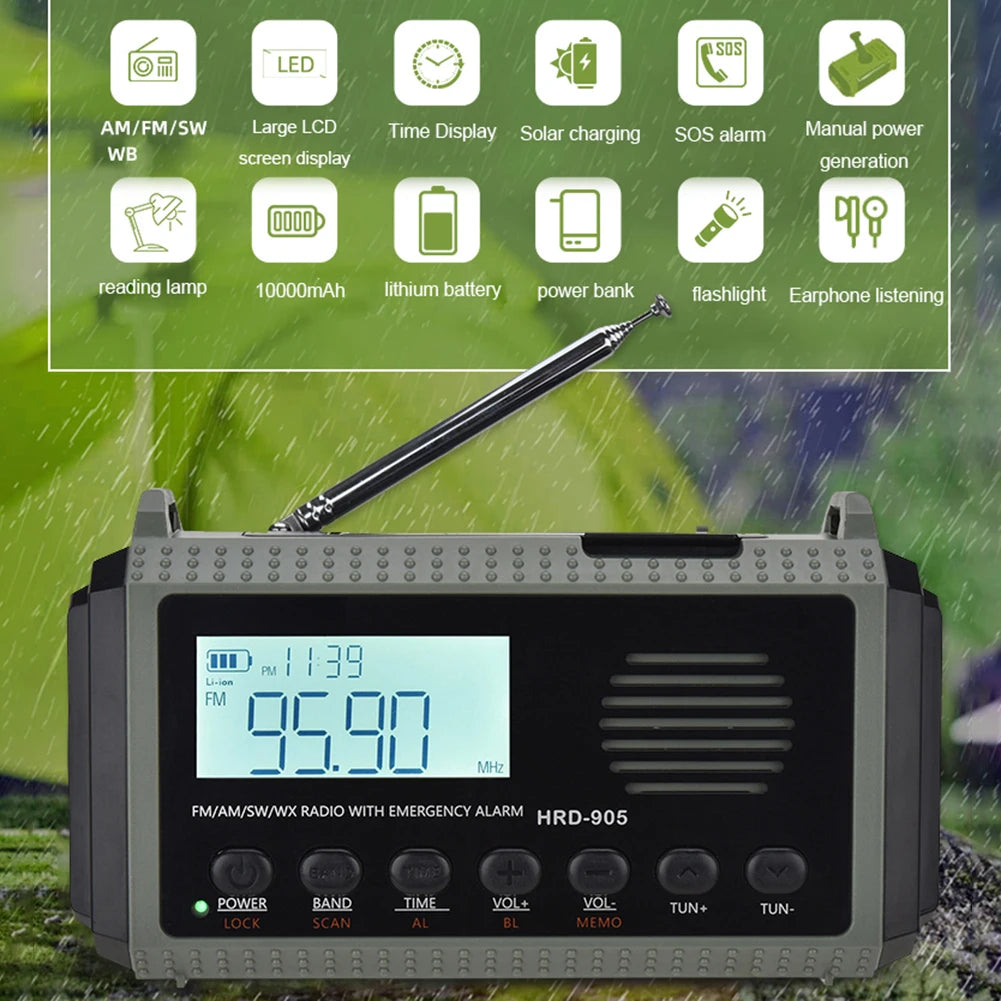 10000MAh Portable Emergency Solar Power Radio Hand Crank AM FM SW NOAA Weather Radio Led Reading Flashlight Phone Power Bank