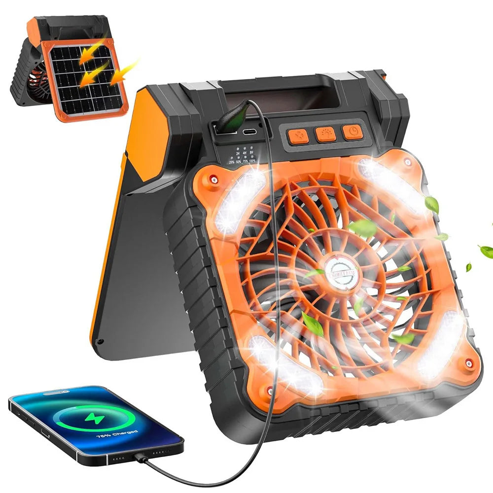 10000mAh Solar Powered Portable Camping LED Lantern With Fan 4 Speeds Powerful Wind Rechargeable Battery Operated 90° Folding