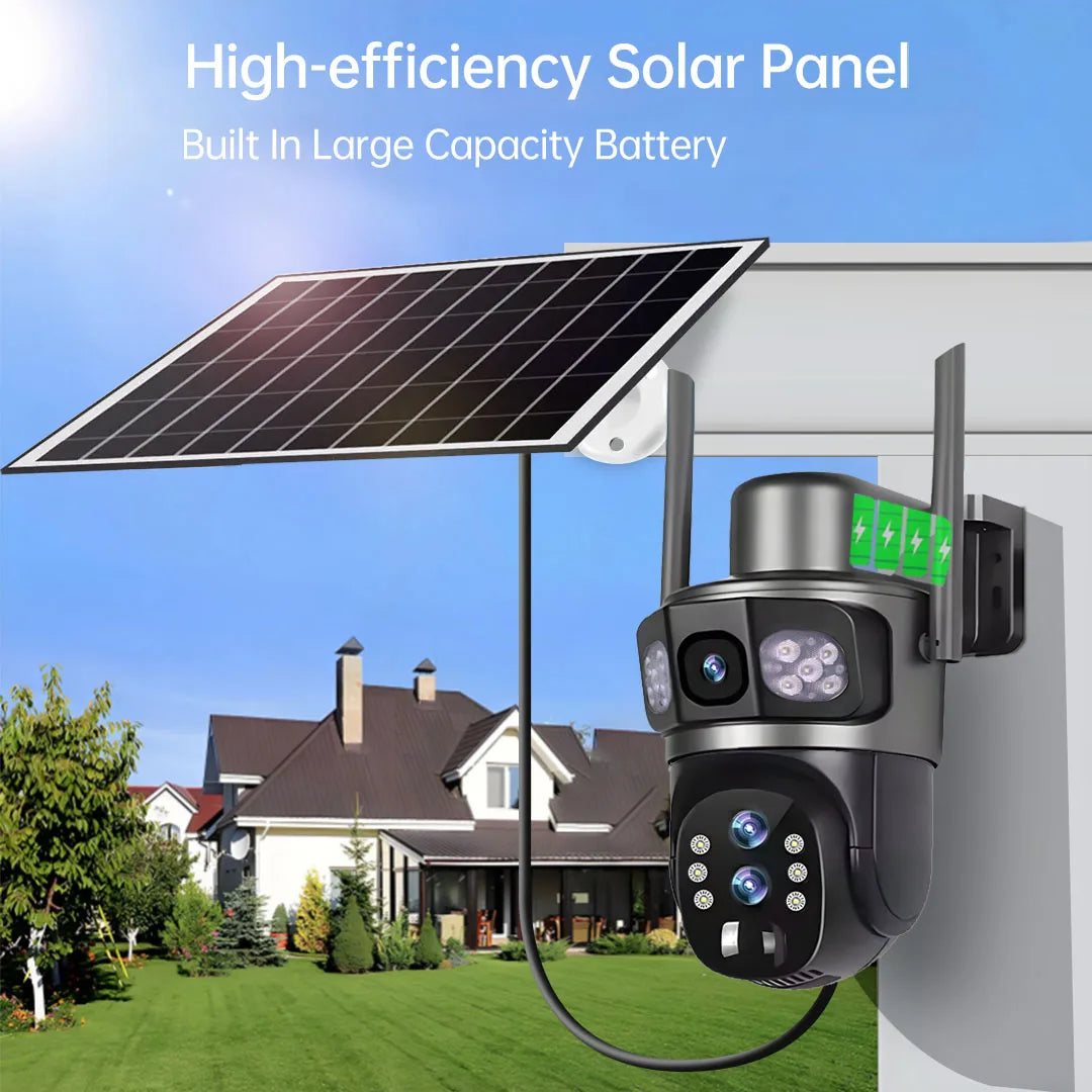 Solar Camera 4G Sim Three Screens 10X Zoom 6K 12MP Outdoor Surveillance Tracking Wireless Security Cameras Cctv Solar Power Cam