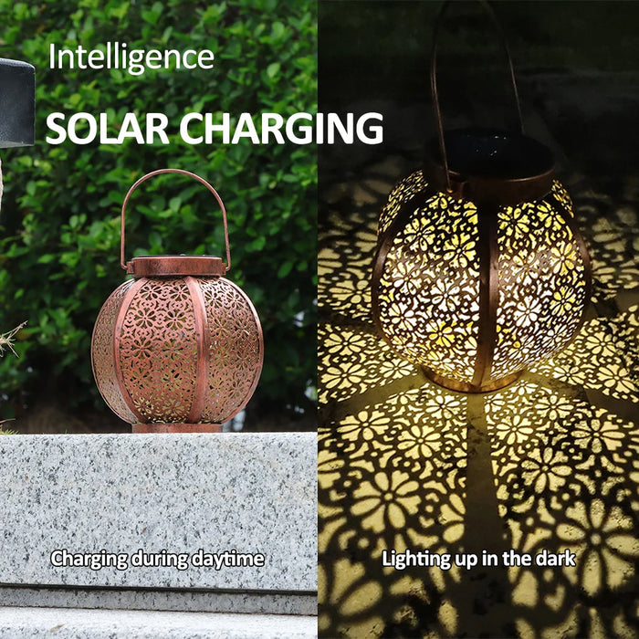 Hanging Solar Lanterns Retro Hollow Solar Lights with Handle Outdoor Solar Garden Lights Decor for Yard Garden Tree Fence Patio