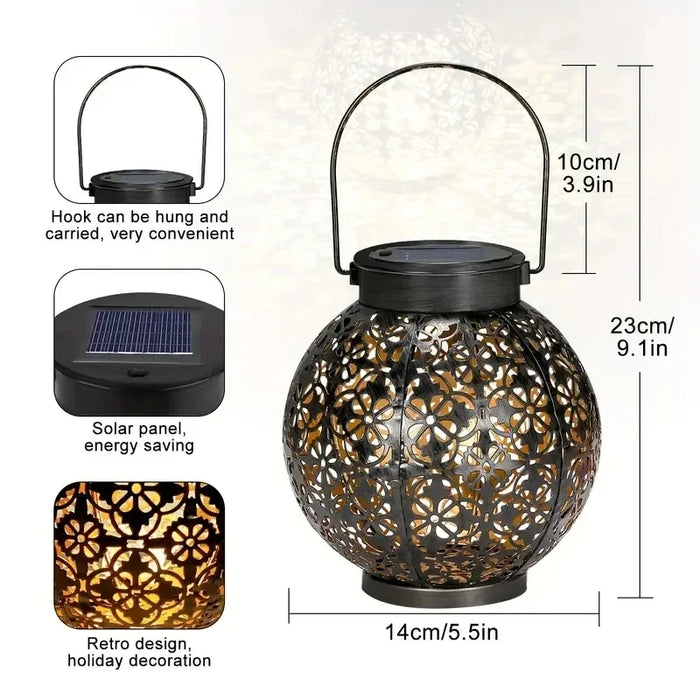 Solar Garden Light Outdoor Garden Decoration Solar Lights Metal Waterproof Round Lantern Lights Hanging Hollow Projection Lights