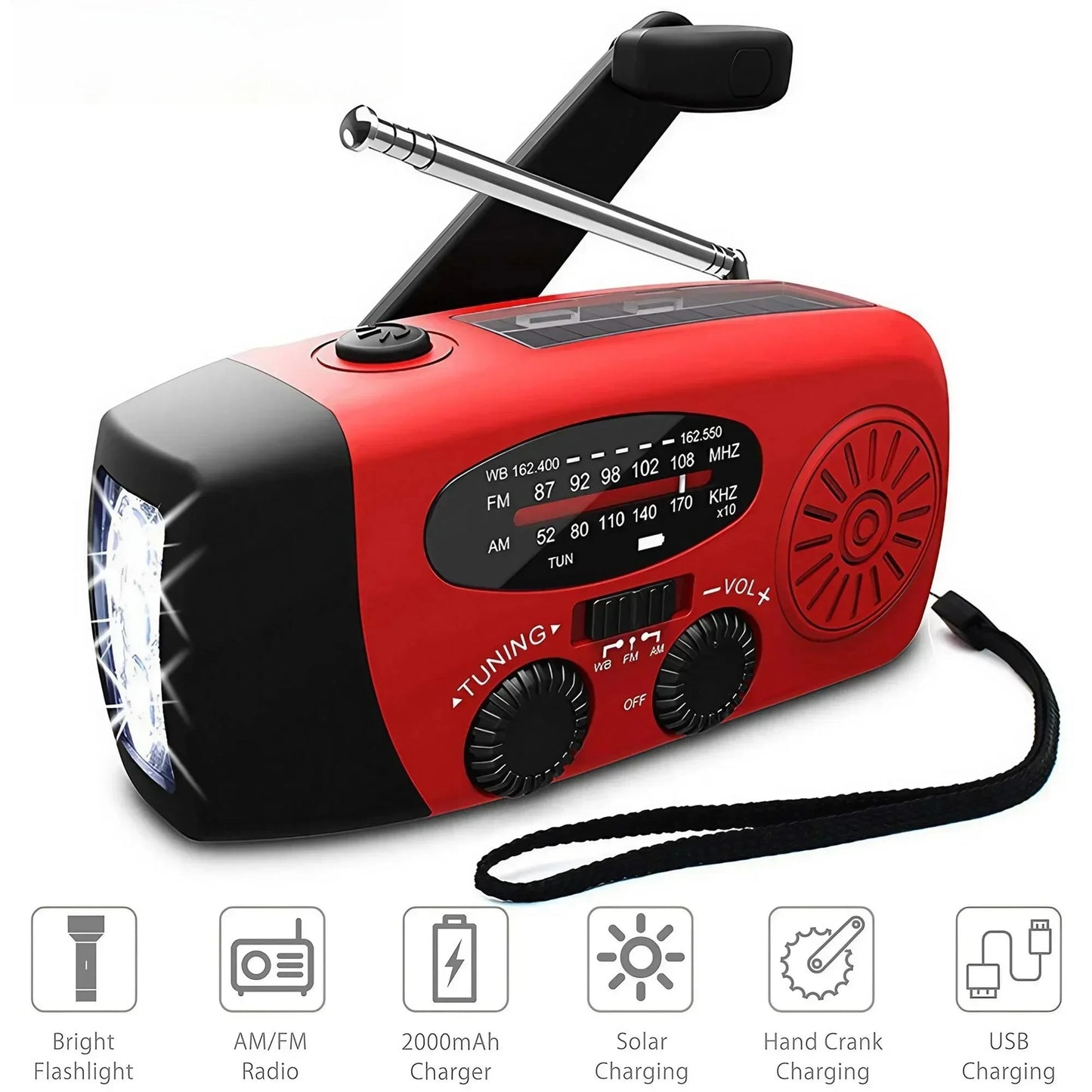 2000mA Outdoor Emergency Radio Portable Power Generation Radio Disaster Prevention Solar Hand Crank Radio AM/FM Radio