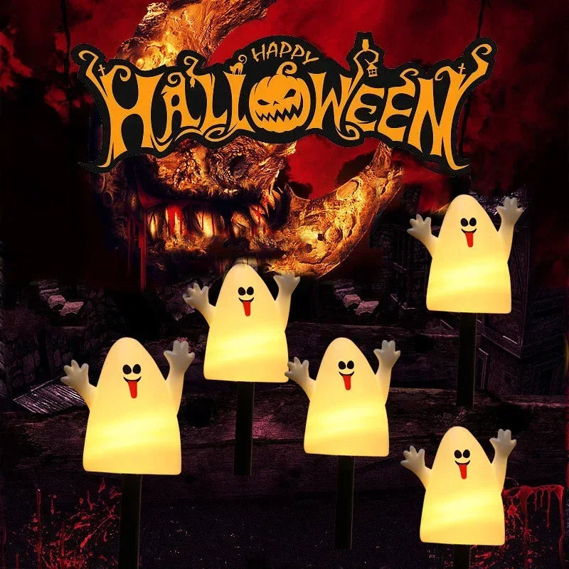 2PCS Solar Powered Lawn Lamp Set of 5 Cute Ghost lanterns Decorated Halloween Party Decoration For Home bar Atmosphere Decor