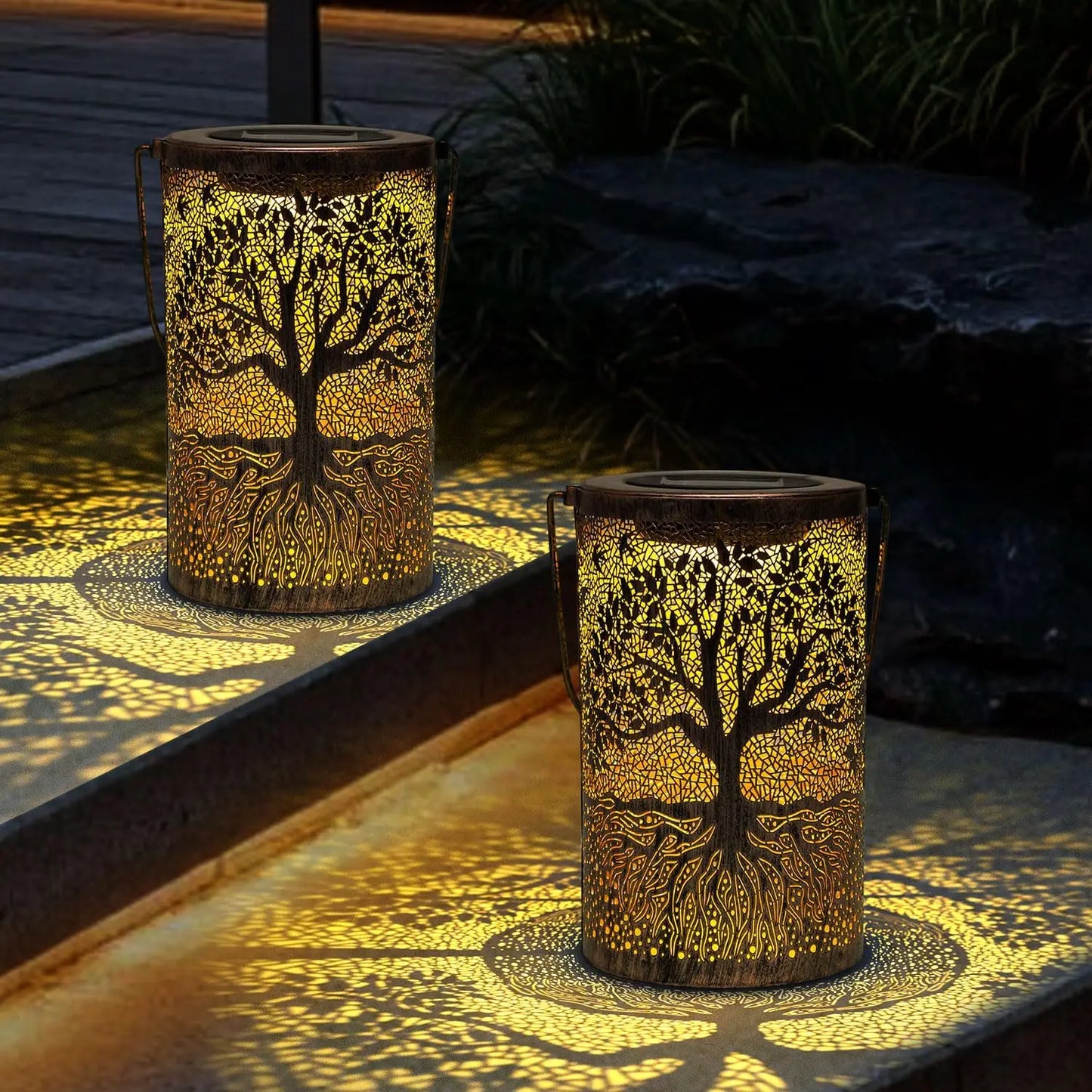 1 solar powered iron lantern, hollow design, suitable for outdoor gardens, terraces, party decorations and holiday gifts