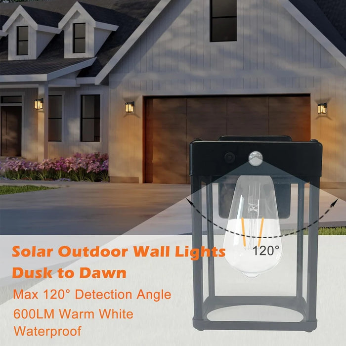 Solar Wall Lights Outdoor Waterproof 3 Modes Motion Sensor Porch Sconces Wall Mounted Light With Metal Frame Glass Shades Shed