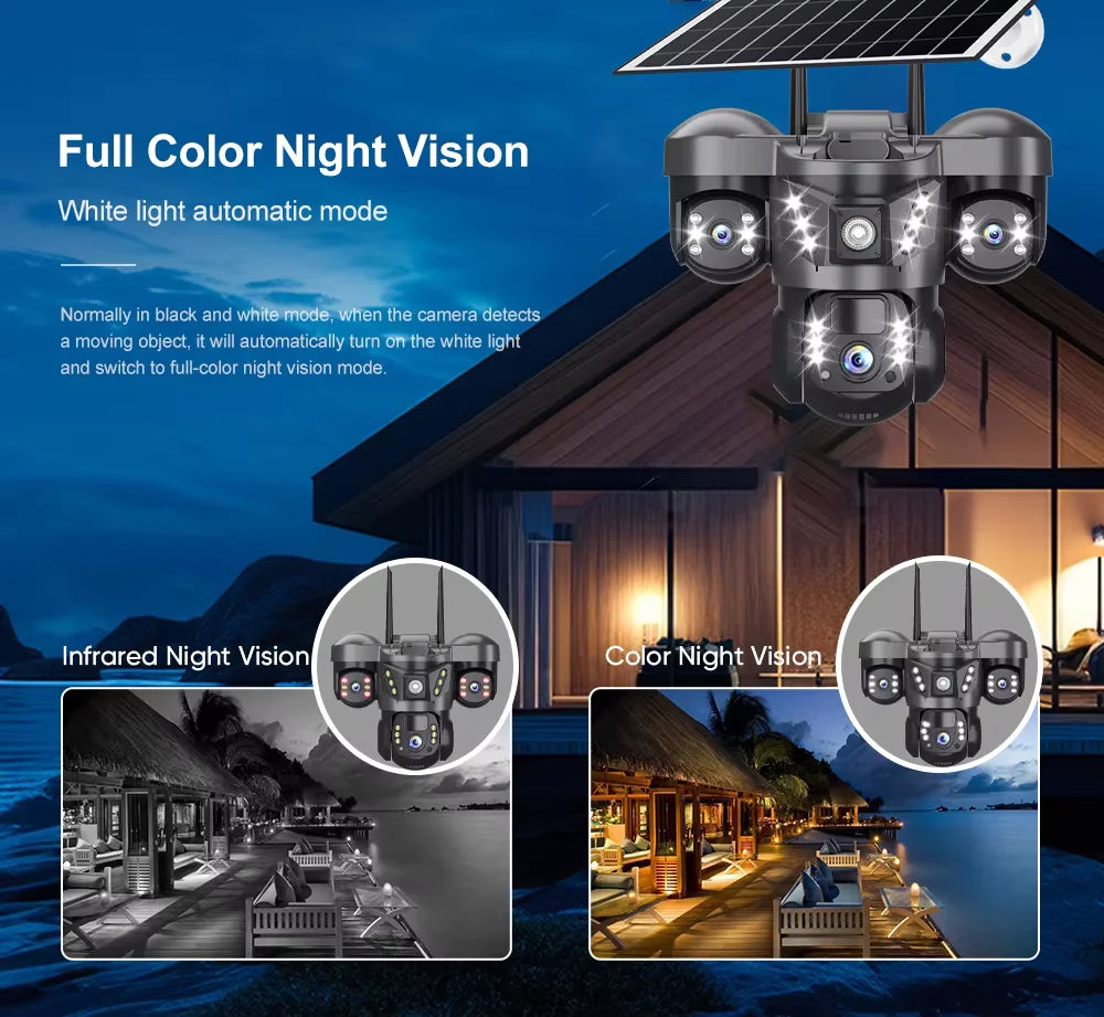 Solar 4G Camera 15MP Triple Lens Triple Screen 10x Zoom Outdoor Waterproof Battery Surveillan PIR Human Detection V380 Pro Cam