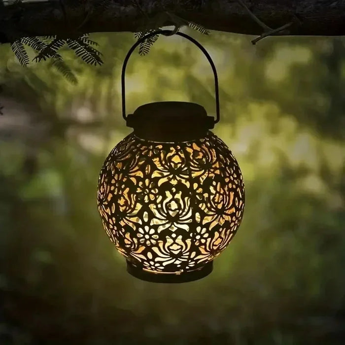Solar Garden Light Outdoor Garden Decoration Solar Lights Metal Waterproof Round Lantern Lights Hanging Hollow Projection Lights