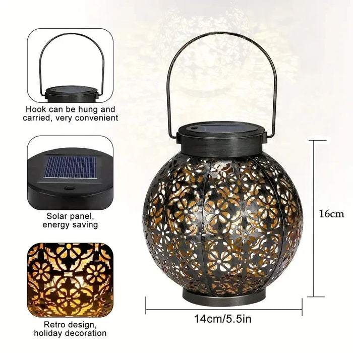 Solar Garden Light Outdoor Garden Decoration Solar Lights Metal Waterproof Round Lantern Lights Hanging Hollow Projection Lights