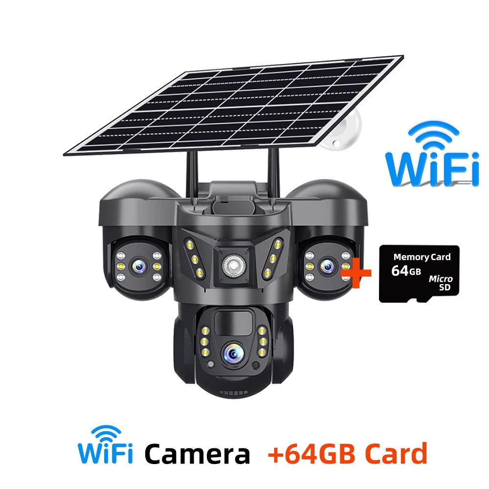 15MP 4G Solar Camera PTZ Outdoor CCTV Triple Lens Three Screen PIR Colour Night Vision Weatherproof V380 PRO Cameras