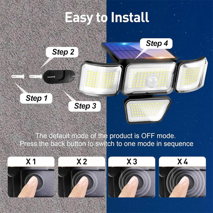 Solar Lights Outdoor 278LED Security Lights Motion Sensor with Remote Control 4 Heads Waterproof Solar Flood Wall Lights Garden