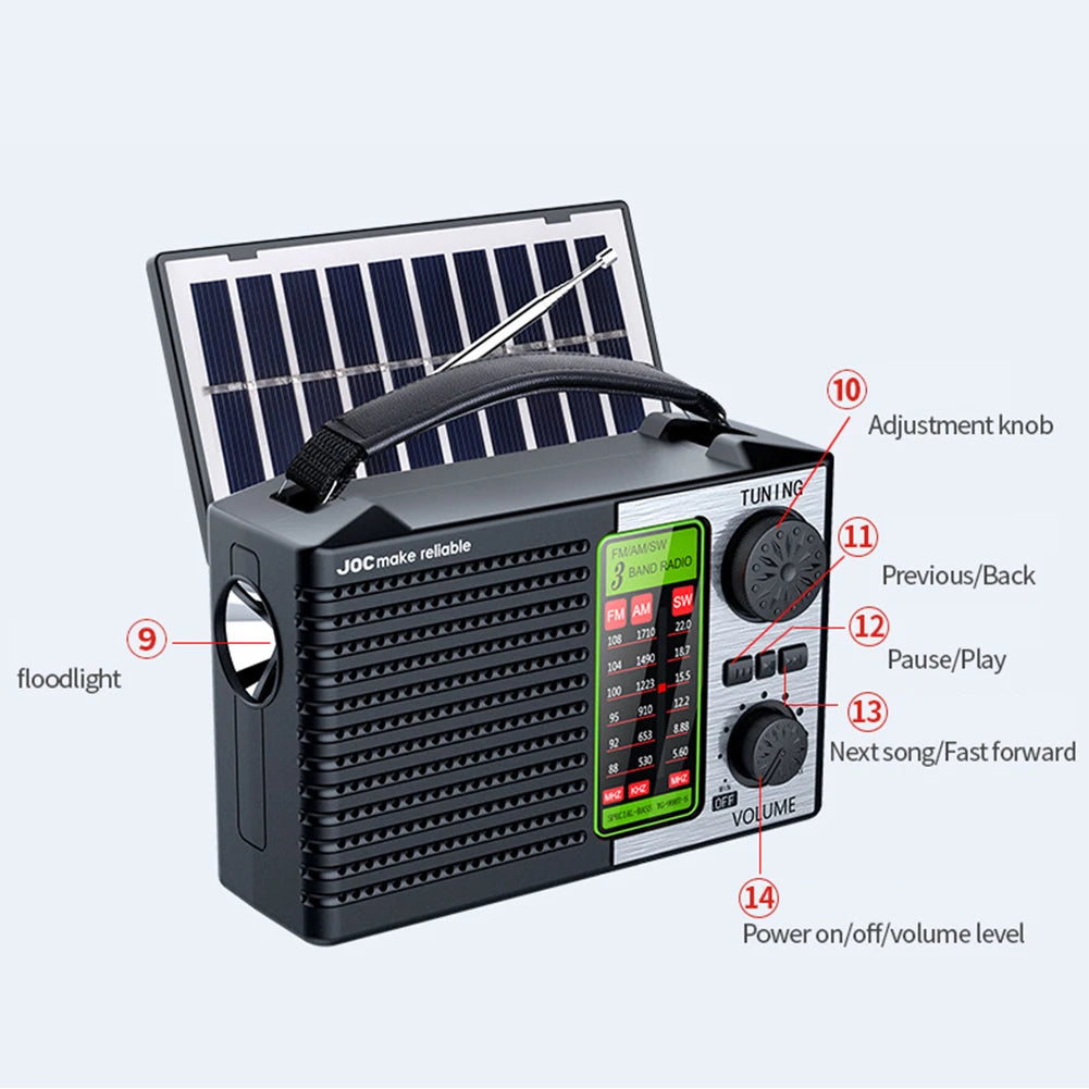 2000mAh Solar Power Radio Portable AM FM SW Weather Radio with LED Flashlight BT Speaker Full Band Radio Outdoor Emergency Radio