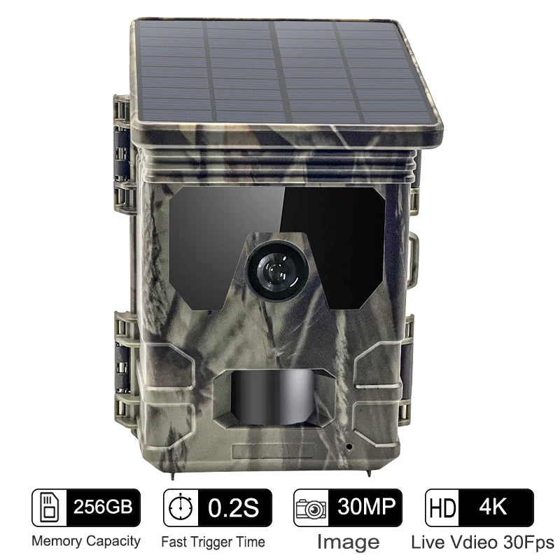 Solar Charging Hunting Camera, Outdoor Game Cam, Night Vision, 120 ° Detection, Wildlife Recording, 2K, 30MP, 4G