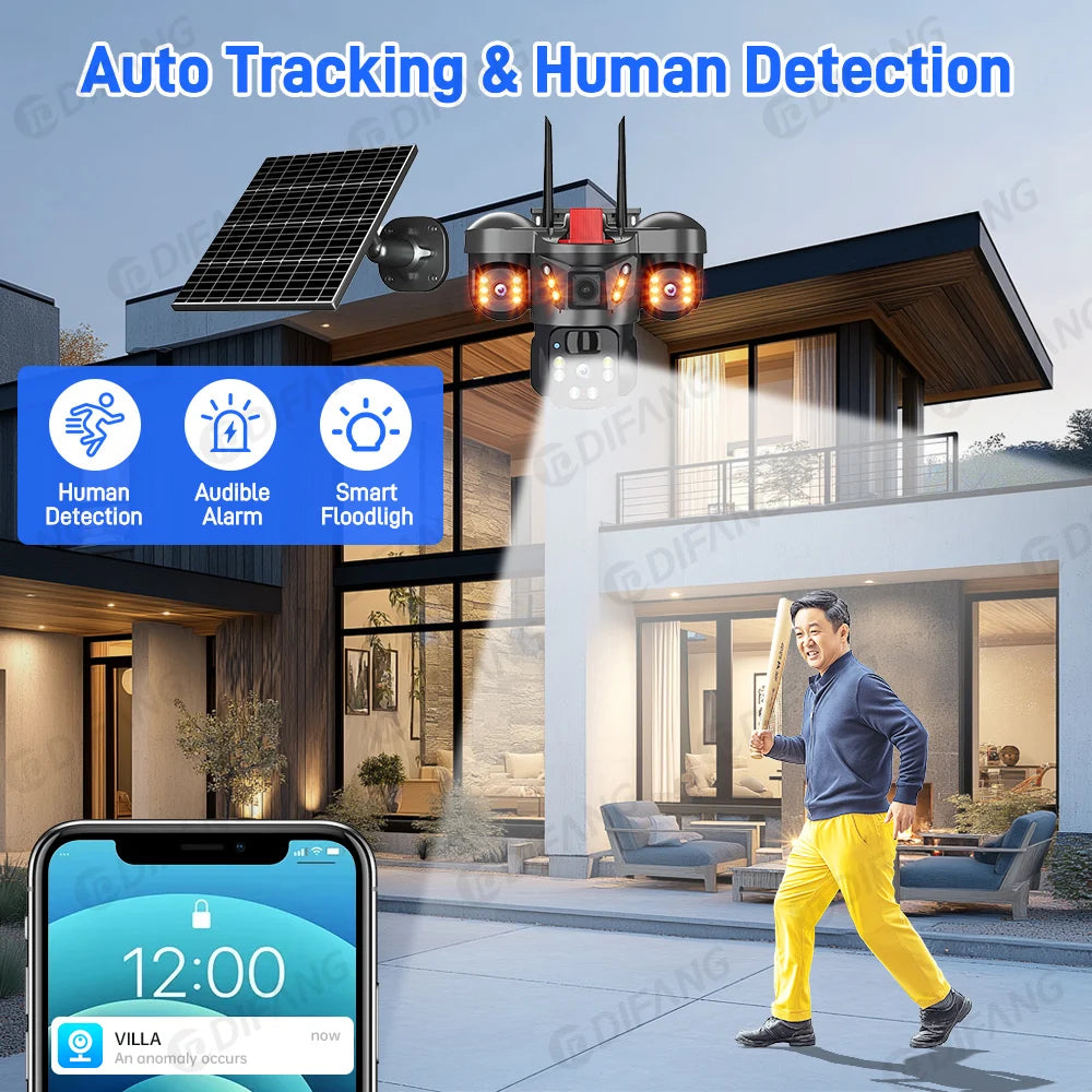 Wireless WiFi Solar Camera Three Lens Three Screen 4G Sim Card Solar Cam Human Detection Outdoor Solar Surveillance V380
