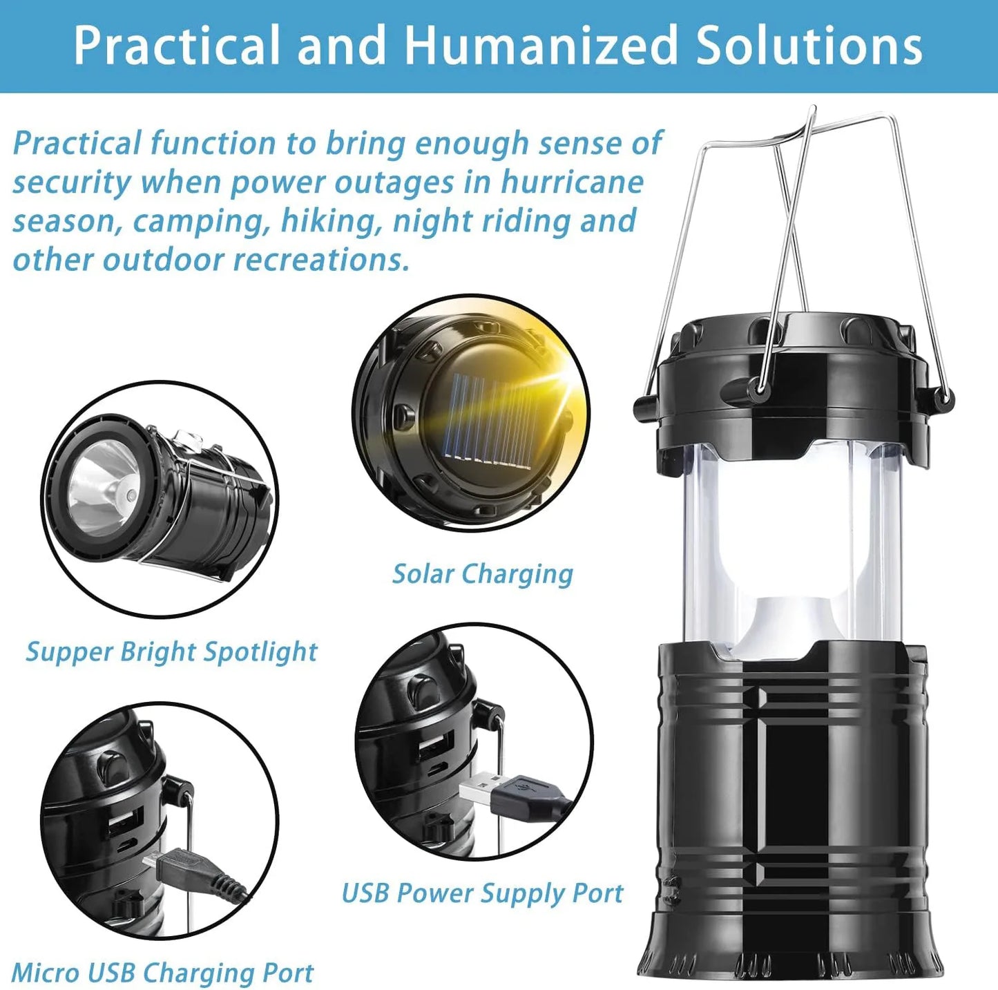 Solar Camping Lights COB Tent Lamp Portable Emergency Flashlight USB Rechargeable Waterproof Strong Light Fishing Hiking Torch