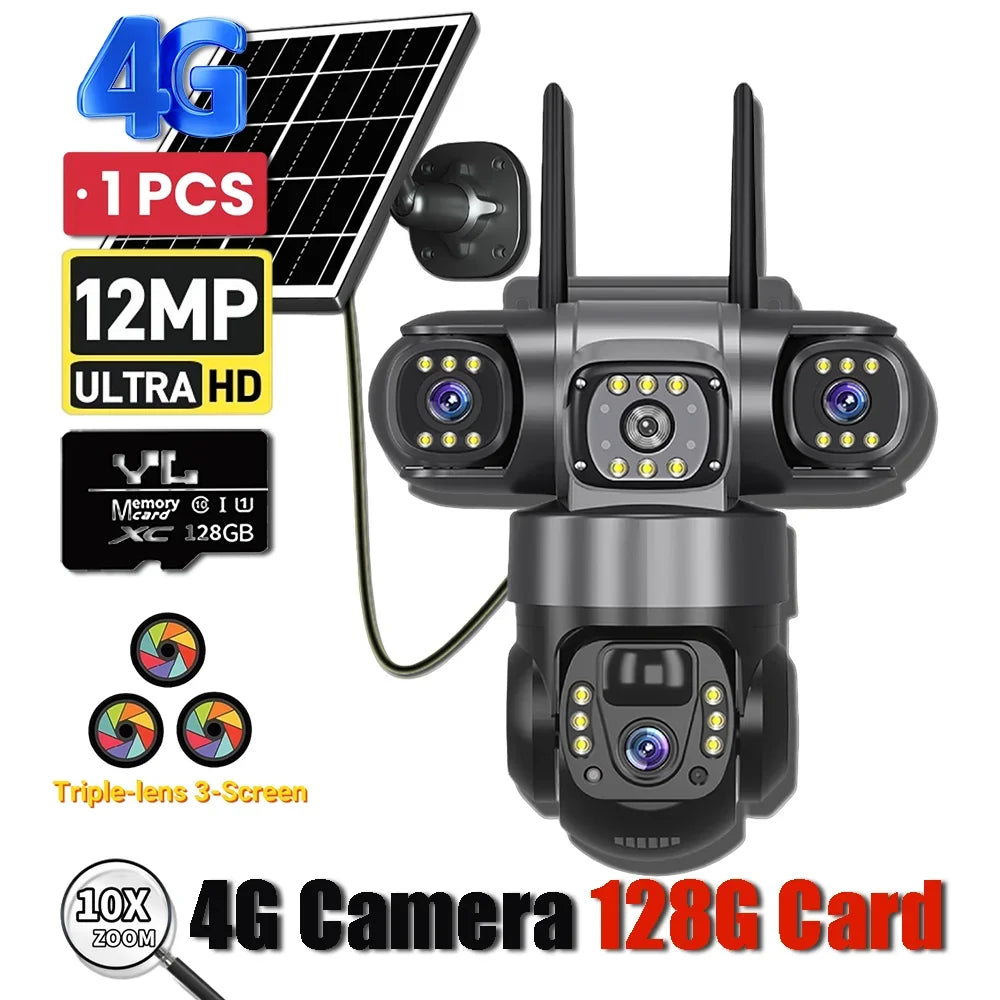 Solar 4G Camera With Sim Card 12MP 6K Three Lens Three Screen Monitor Night Vision Security Protection PTZ Video Surveillance