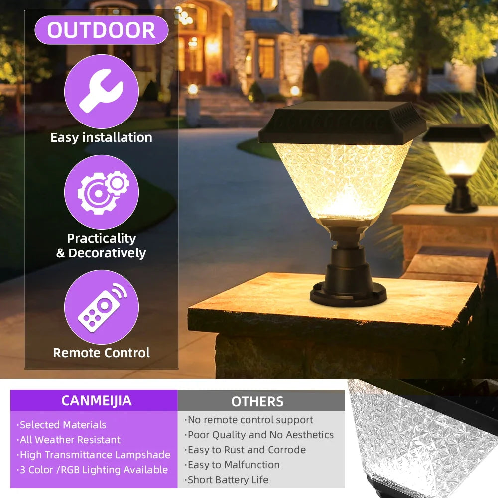 Timed Outdoor Solar Pillar Lights IP65 LED Garden Fence Light Remote Control Dimming RGB Post Lights Auto on/off Street Sunlight