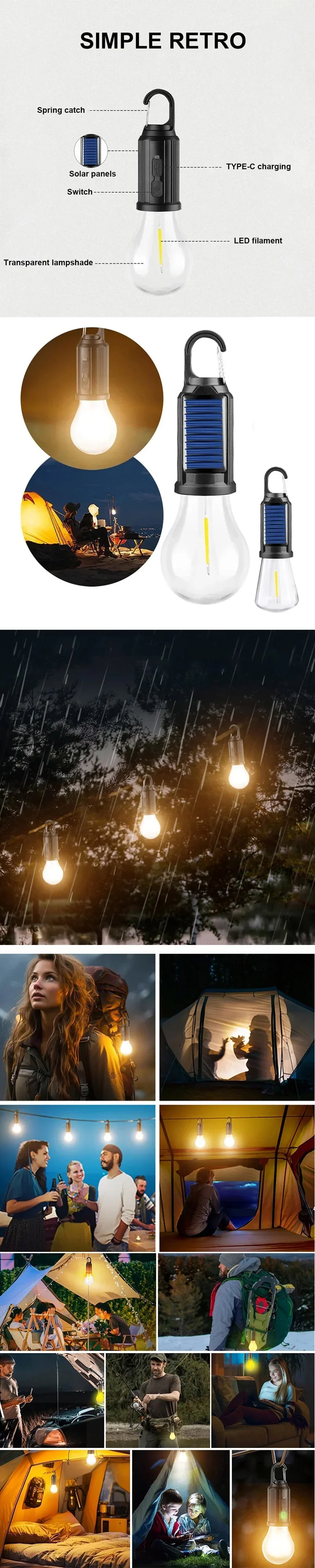 Outdoor Solar Powered LED Lamp Bulbs USB Charging Camping Light Portable Night Lights Waterproof Flashlight Fishing Essentials