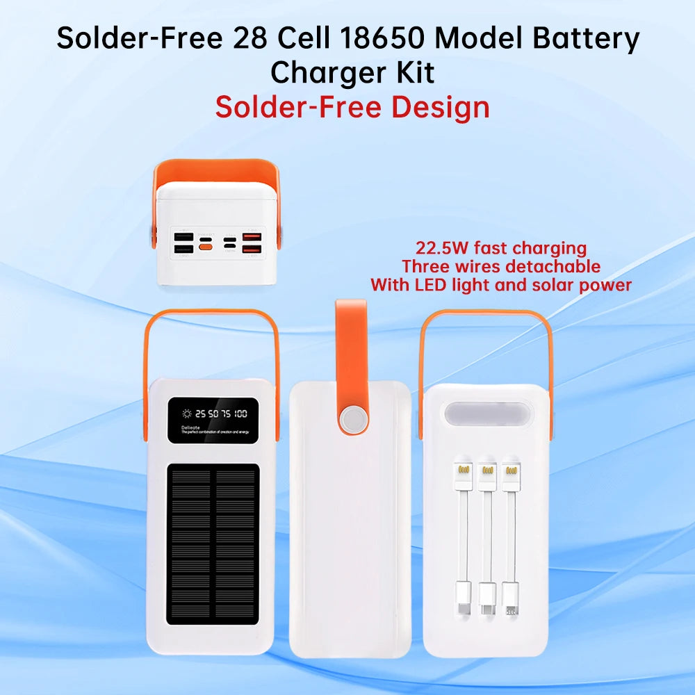 22.5W Fast Charging Mobile Power Supply Kit Solar 28-Cell 18650 Flat-Head Battery Power Bank No Welding, No Battery Included