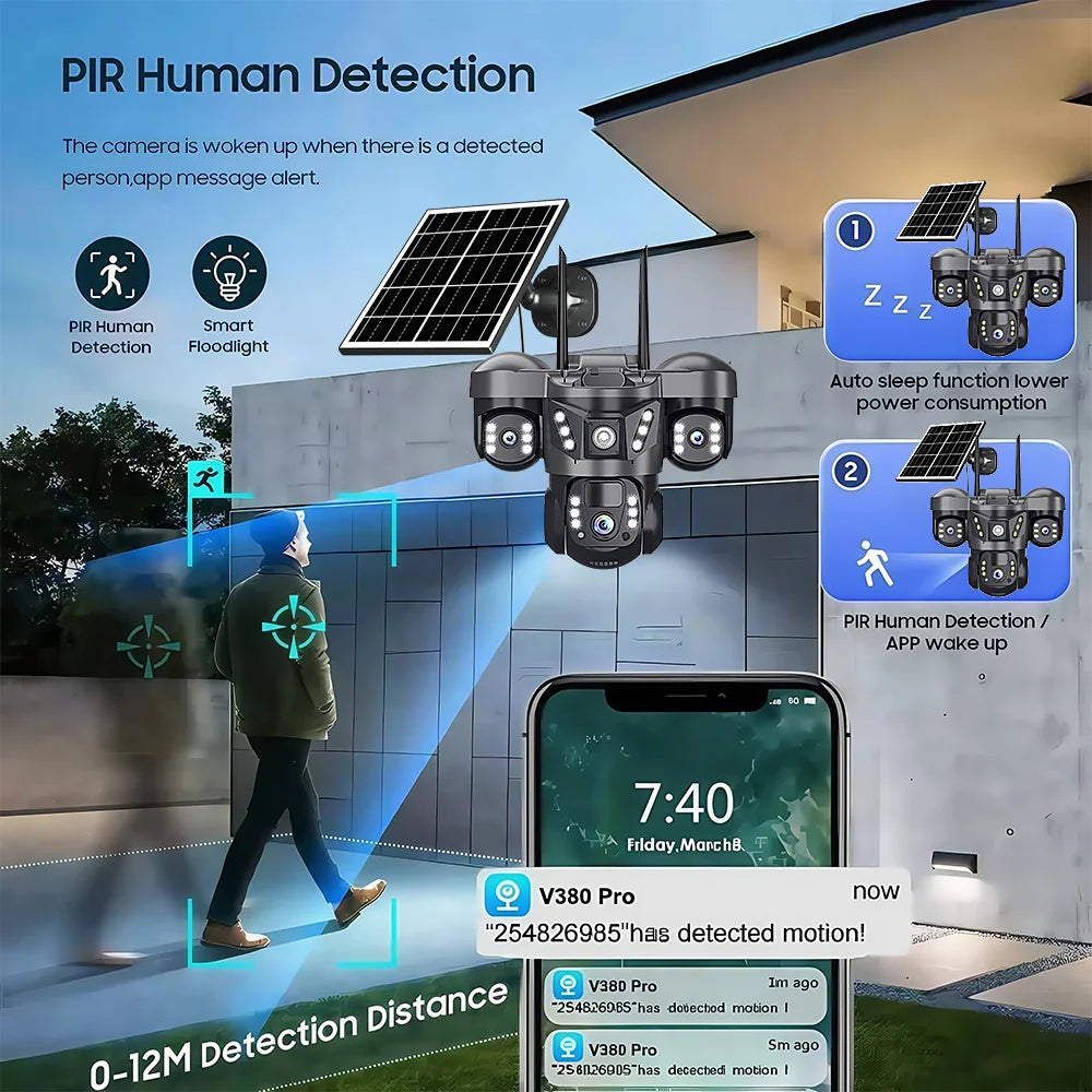 Solar 4G Camera 15MP Triple Lens Triple Screen 10x Zoom Outdoor Waterproof Battery Surveillan PIR Human Detection V380 Pro Cam