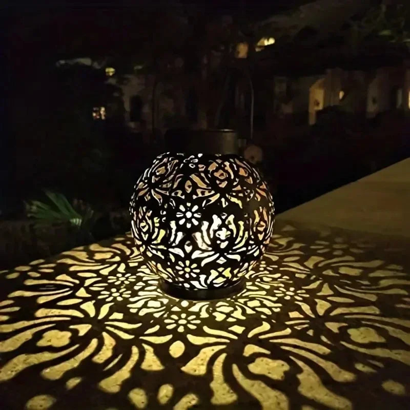 Solar Garden Light Outdoor Garden Decoration Solar Lights Metal Waterproof Round Lantern Lights Hanging Hollow Projection Lights