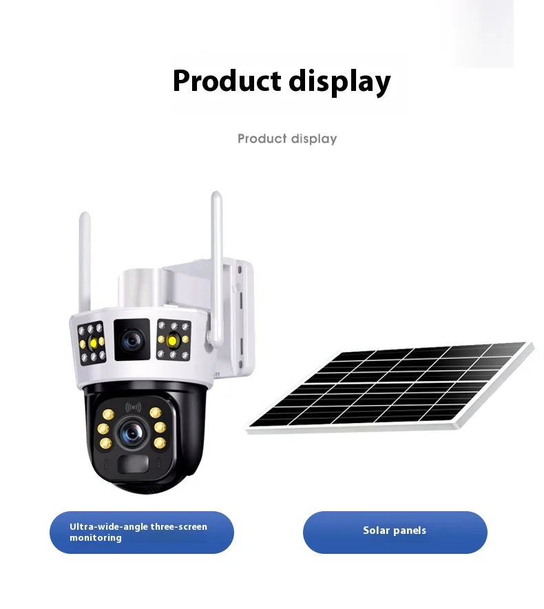4G Solar Camera 6K 12MP Three Lens PTZ Dual screen PIR Human Tracking Color Night Vision Security CCTV Surveillance IP Camera