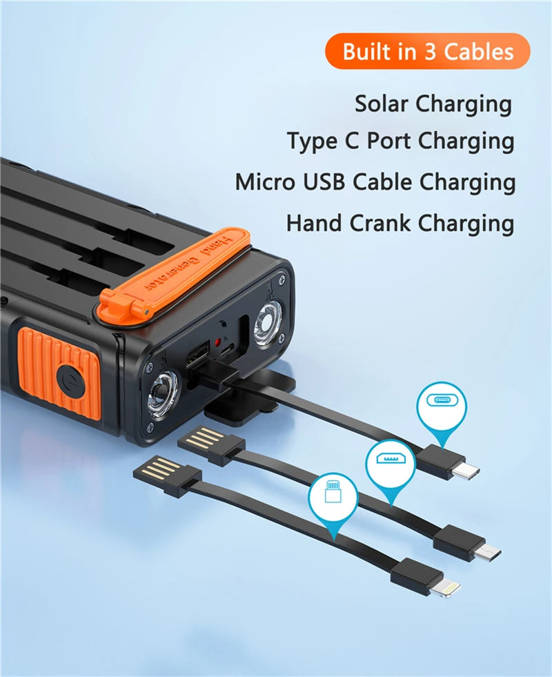 30000mAh Hand Crank Solar Power Bank PD 20W External Battery Fast Charging Powerbank for iPhone 14 Xiaomi Portable Solar Charger