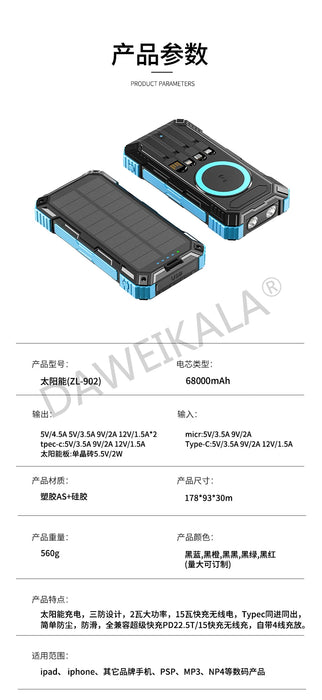 Solar panels Power bank Wireless charging solar phone charger 68000mAh with outdoor lighting Phone Charger 15W Wireless charging