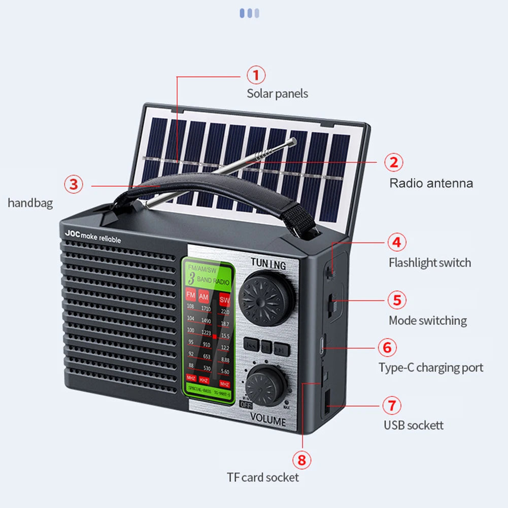 2000mAh Solar Power Radio Portable AM FM SW Weather Radio with LED Flashlight BT Speaker Full Band Radio Outdoor Emergency Radio