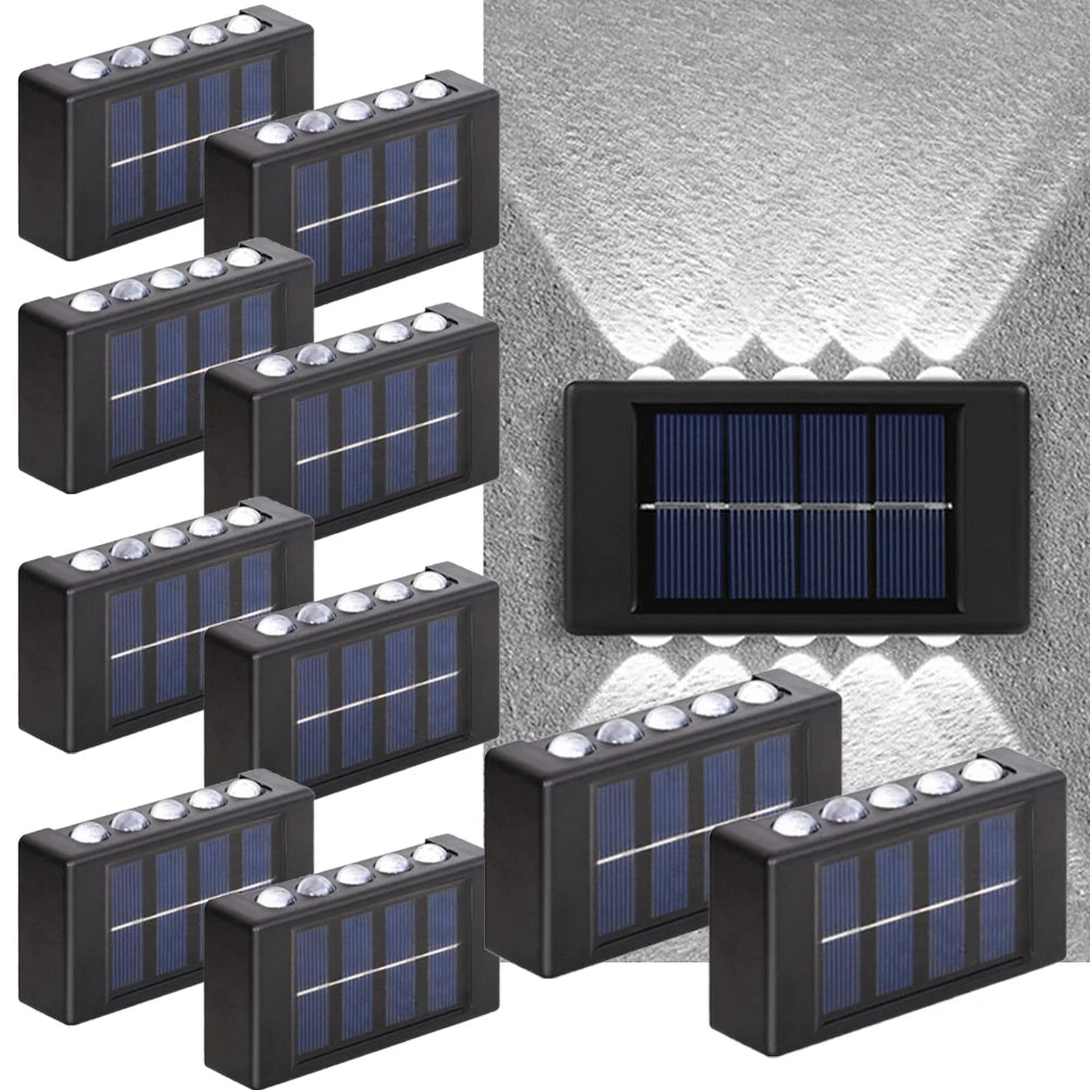 10PC, Outdoor 10 LED Solar Patio Path Light, Garden Wall Lighting Wall Sconce, Up and Down Illuminated Convex Mirror Light