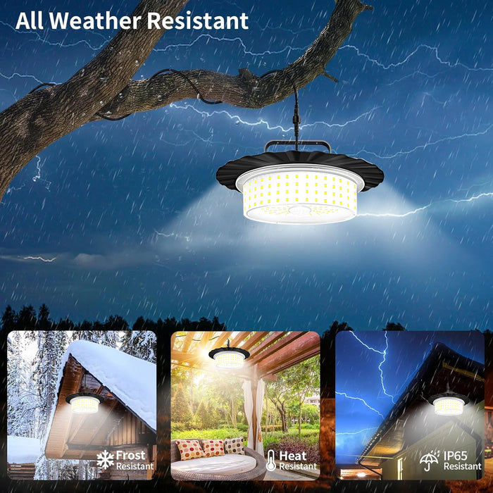 Solar Shed Light Solar Powered Motion Sensor Pendant Light Solar Lights with 5 Lighting Modes & Remote for Shed Gazebo Garage