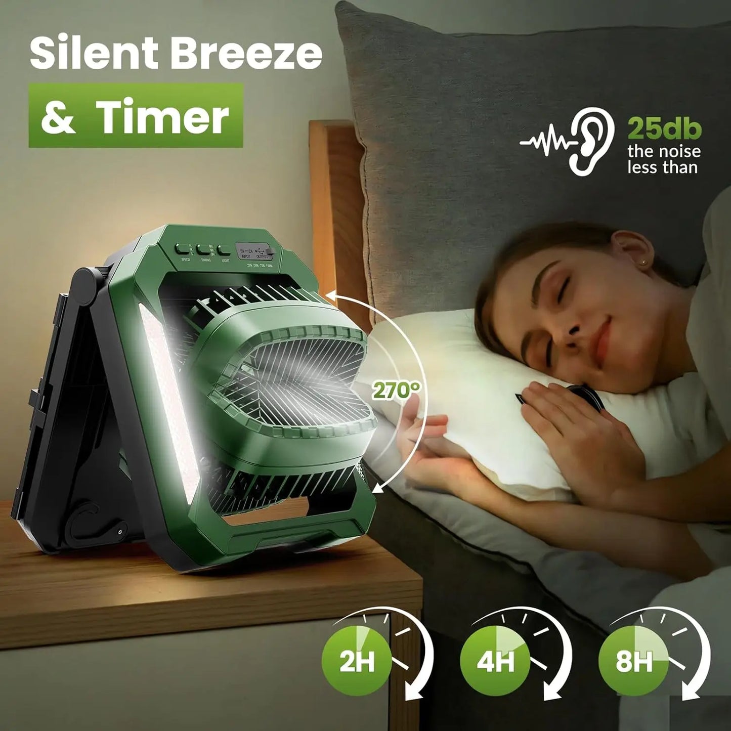 Solar Camping Fan With Foldable&Detachable 18W Solar Panel&20000mAh Rechargeable Battery LED Lantern 3-Speed Silent Timer Hook