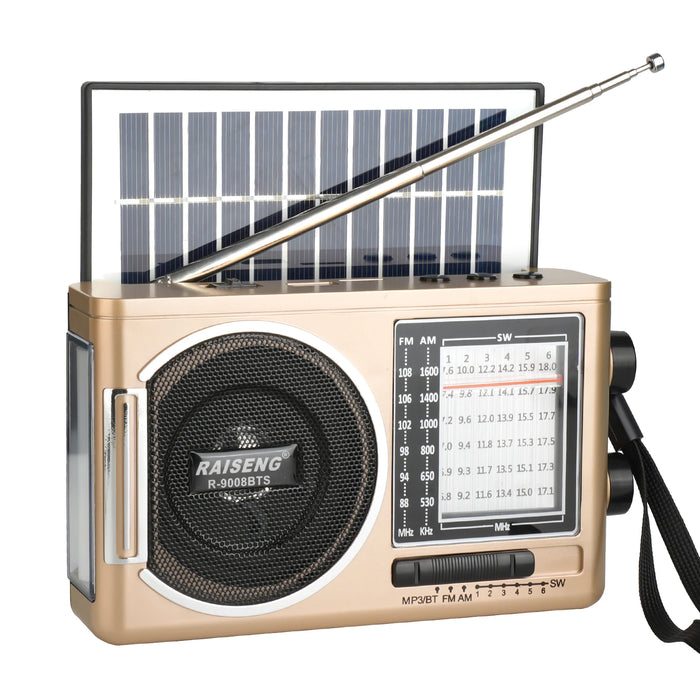 9008BTS classic solar radio, AM/FM speaker, USB/TF card interface, 3 charging methods, suitable for outdoor activities