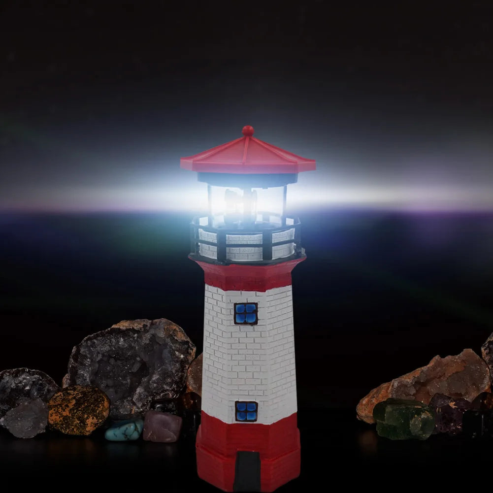 Lighthouse Shape Solar LED Light Garden Fence Yard Outdoor Decor Beacon Lamp Smart Sensor Beacon Rotating Beam Lamp Garden Decor