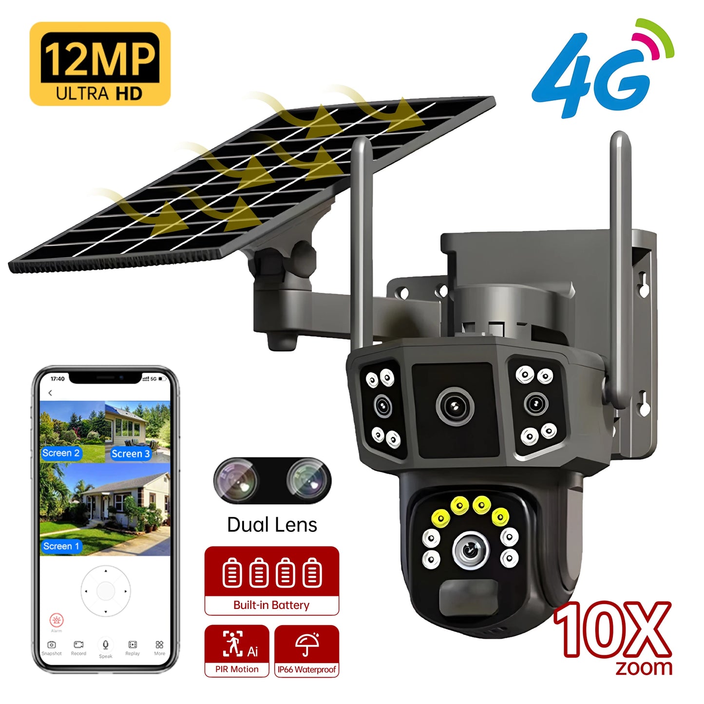 4G sim solar camera,4K dual lens, 10X,outdoor security network camera,wireless WIFI solar closed-circuit television,V380
