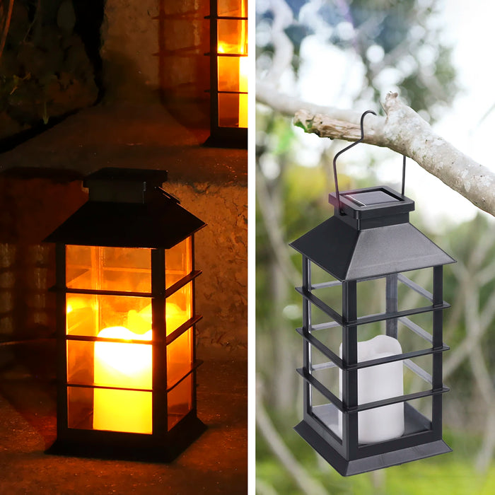 Solar Powered Lantern Light Outdoor Flickering Flame Fire Candle LED Lamp Hanging Decorative Lighting For Garden Patio Courtyard