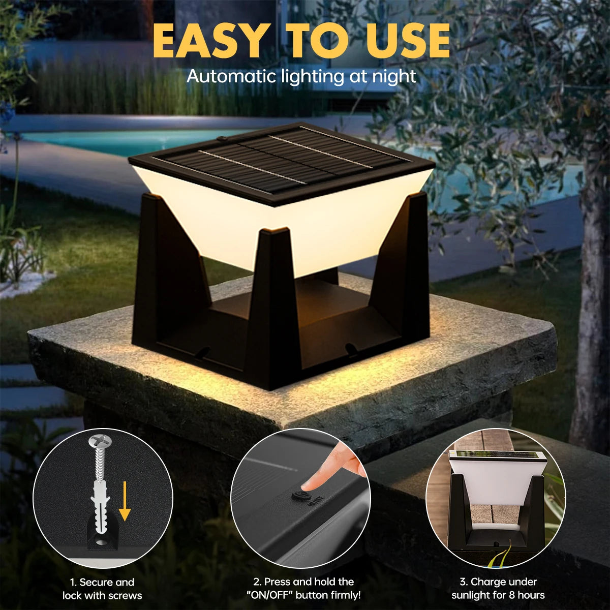 Solar Post Cap Lights Outdoor IP65 Waterproof LED Pillar Lamp Fixtures for Gate Post Fence Deck with 2 Levels Brightness Dusk to