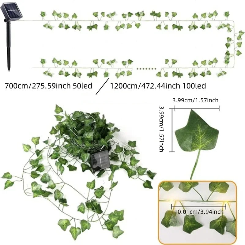 7/12M Solar Green Leaf String Lights Artificial Vine Fairy Lights Christmas Tree Garland Light Home Holiday Lighting Decoration