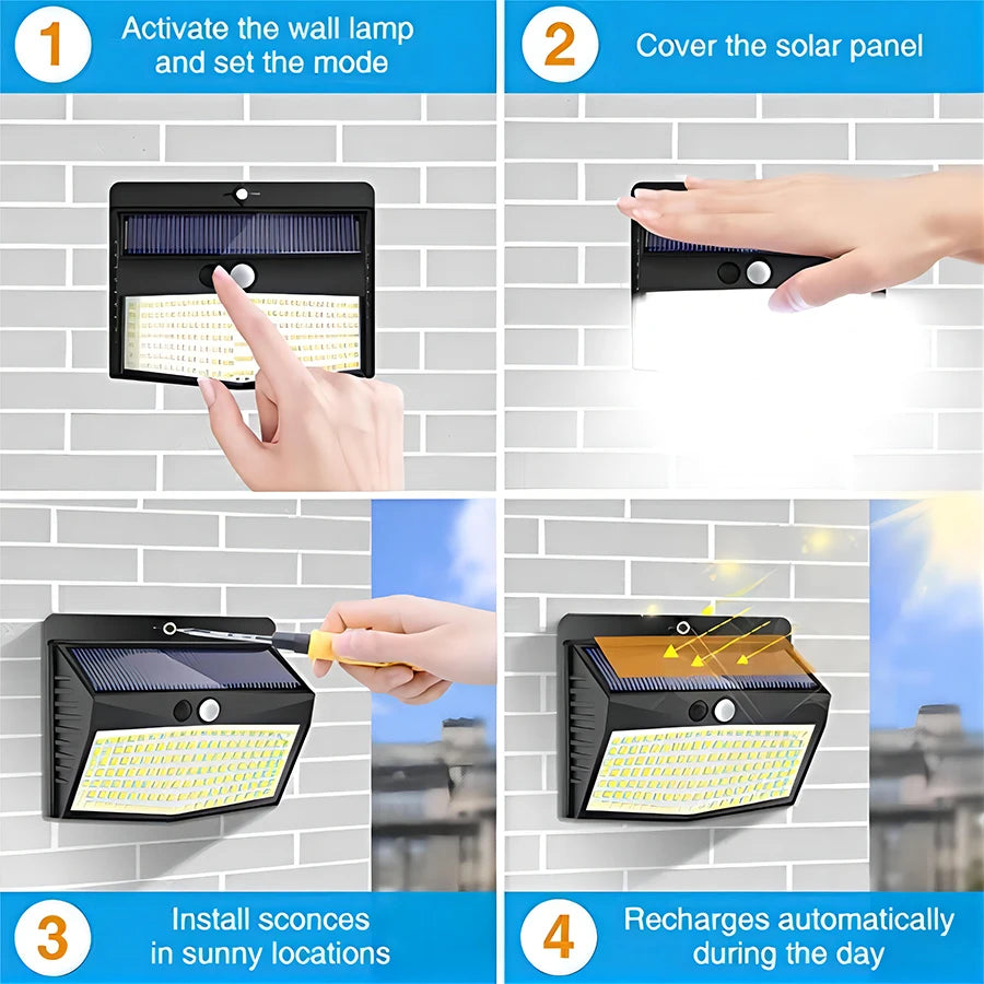 138 LED Solar Light Outdoor 4PCS Solar Wall Lamp Human Body Sensor 3 Mode Waterproof Garden Decor Street Lights Sunlight Powered