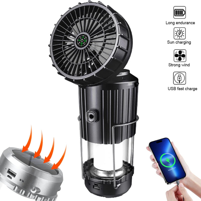 Solar Camping Fan With Lantern Collapsible Solar Powered USB Rechargeable Emergency Hanging Lights for Outdoor Camping Tent
