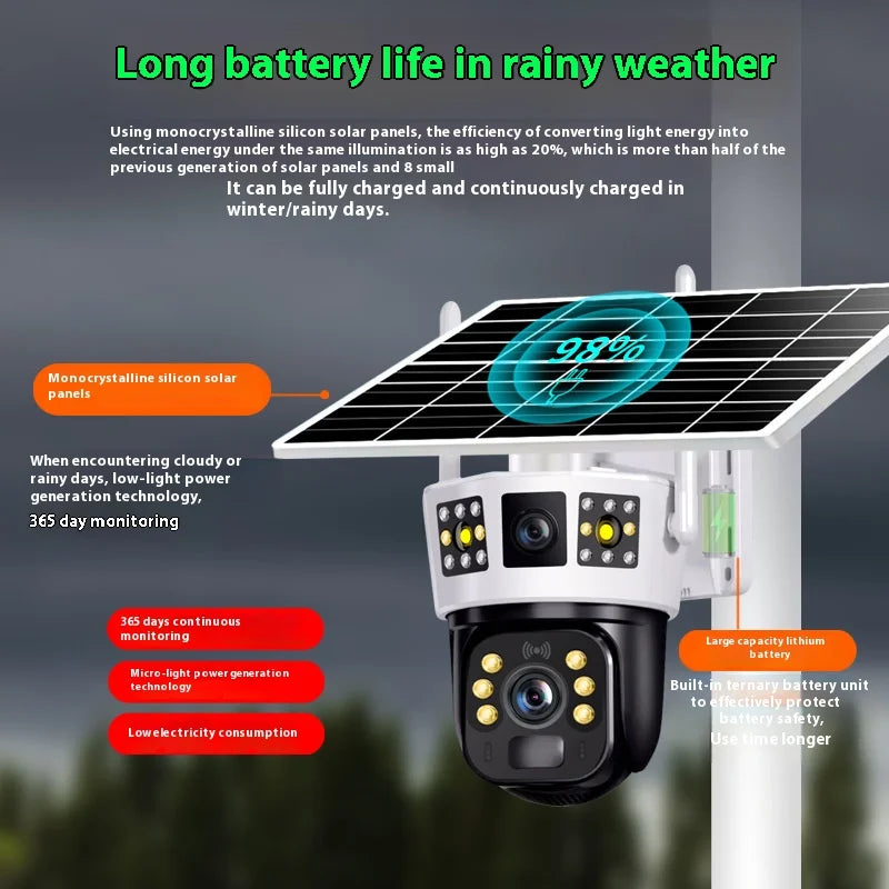 4G Solar Camera 6K 12MP Three Lens PTZ Dual screen PIR Human Tracking Color Night Vision Security CCTV Surveillance IP Camera