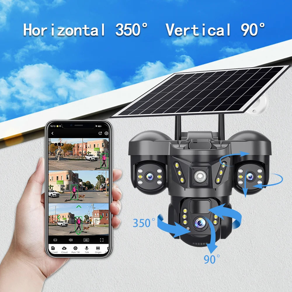 Solar 4G Camera With Sim Card 12MP 6K Three Lens Three Screen Monitor Night Vision Security Protection PTZ Video Surveillance
