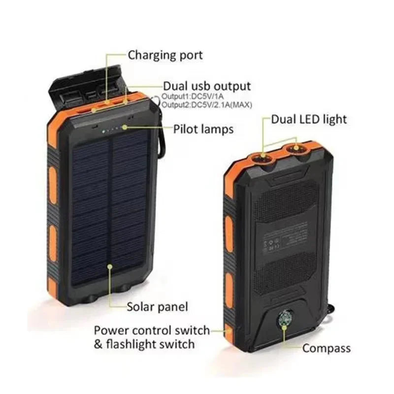 200000mAh Large Capacity Solar Power Bank New Portable With Lanyard Compass External Battery Outdoor Camping Charging Powerbank