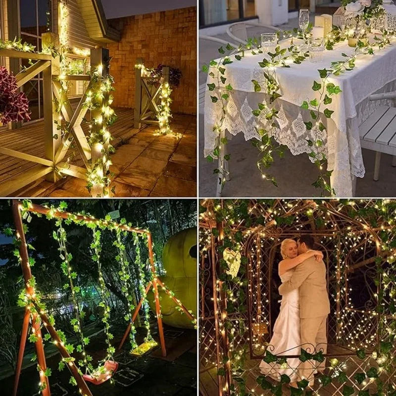 7/12M Solar Green Leaf String Lights Artificial Vine Fairy Lights Christmas Tree Garland Light Home Holiday Lighting Decoration