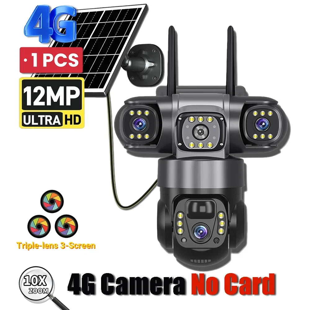 Solar 4G Camera With Sim Card 12MP 6K Three Lens Three Screen Monitor Night Vision Security Protection PTZ Video Surveillance