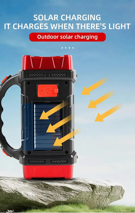 Solar Powered Rechargeable LED Multifunctional Portable Light USB Dual Light Source Outdoor Searchlight Camping Light Strong Fla