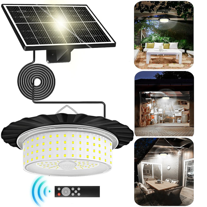 Solar Shed Light Solar Powered Motion Sensor Pendant Light Solar Lights with 5 Lighting Modes & Remote for Shed Gazebo Garage